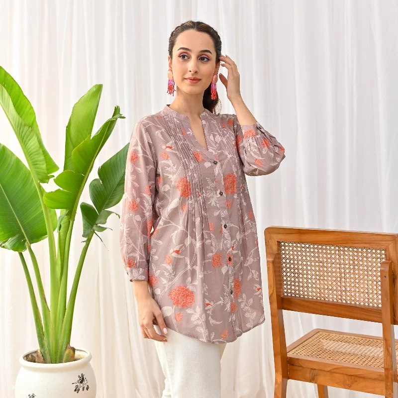 Mauve Sanganeri Printed Shirt Tunic with Pintuck Details