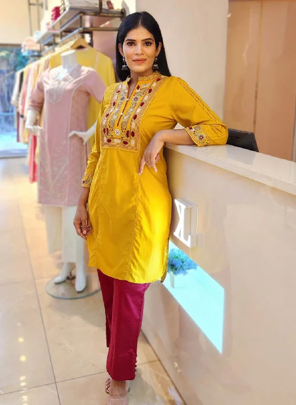 Mustard Embroidered Band Collar Tunic with Front Yoke Embroidery