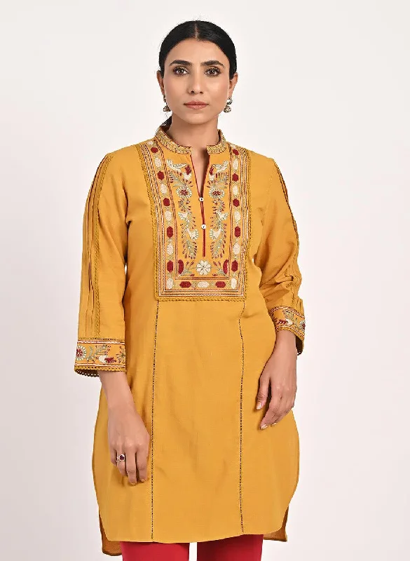 Mustard Embroidered Band Collar Tunic with Front Yoke Embroidery