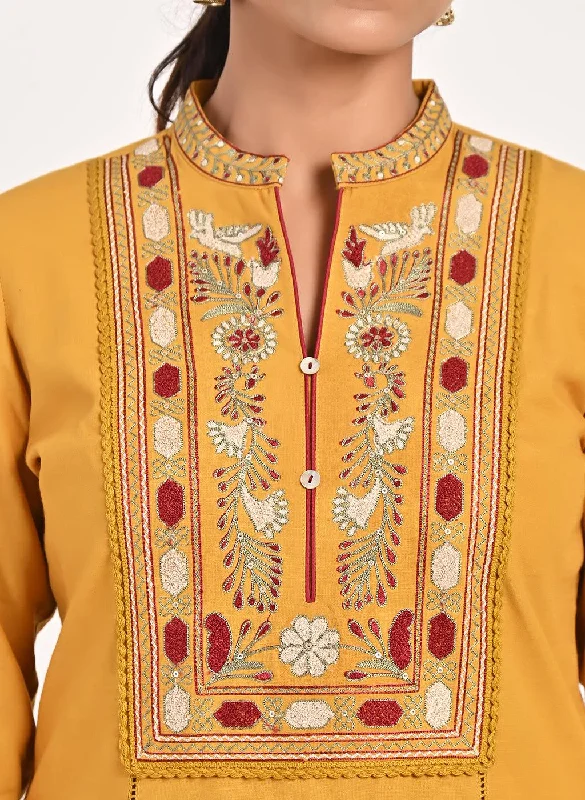 Mustard Embroidered Band Collar Tunic with Front Yoke Embroidery