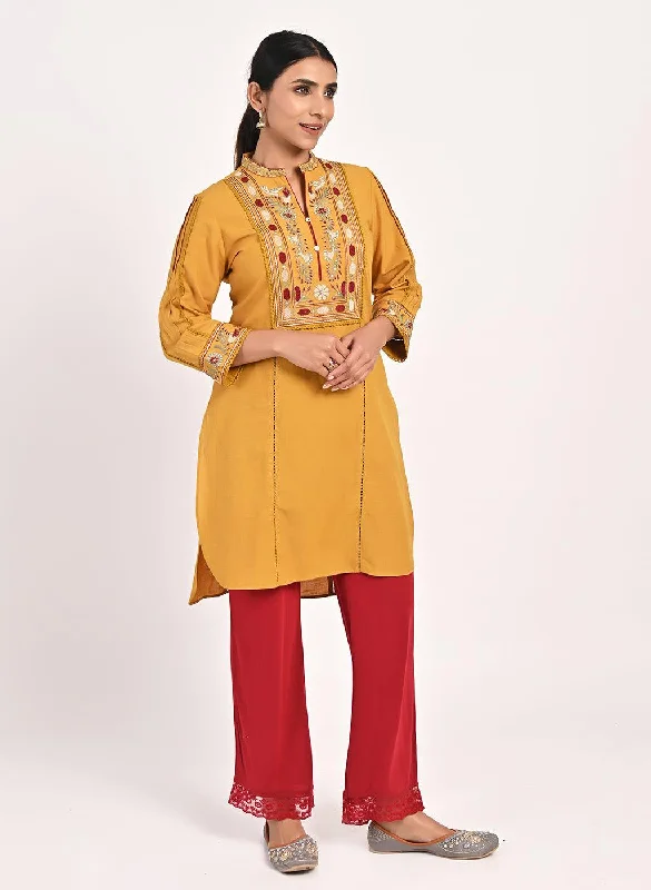 Mustard Embroidered Band Collar Tunic with Front Yoke Embroidery