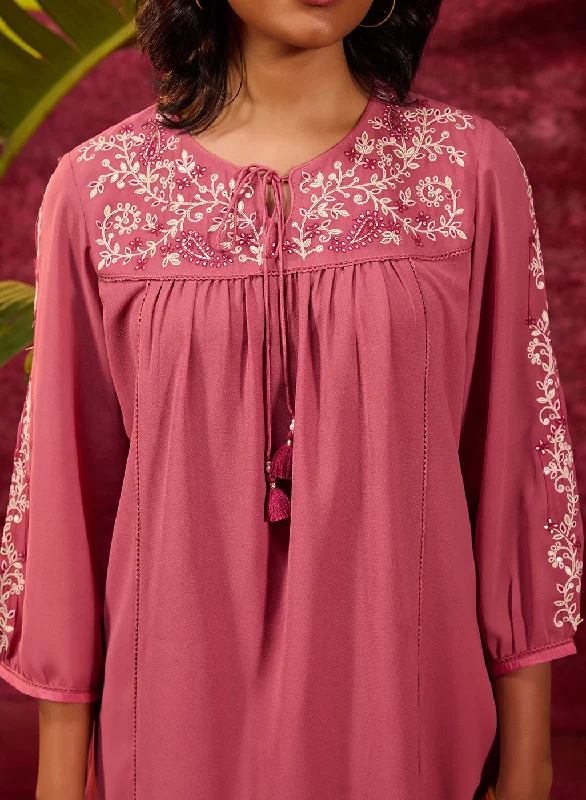 Nazakat Turkish Rose Pink Viscose Georgette Embroidered Top for Women