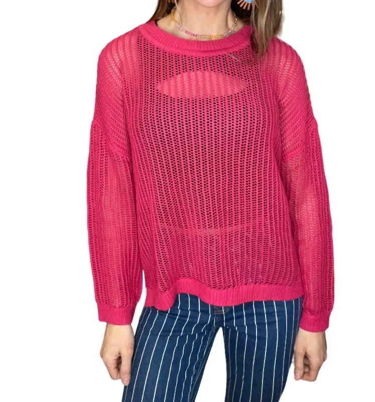 Open Knit Long Sleeve Top In Pink