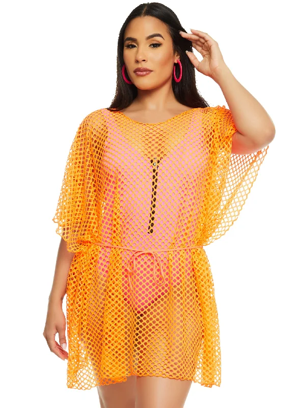 Fishnet Tie Waist Belted Cover Up Top