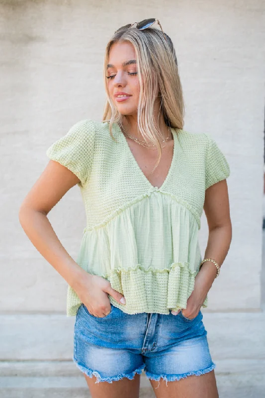 Rays Of Hope Green Waffle And Gauze Babydoll Top