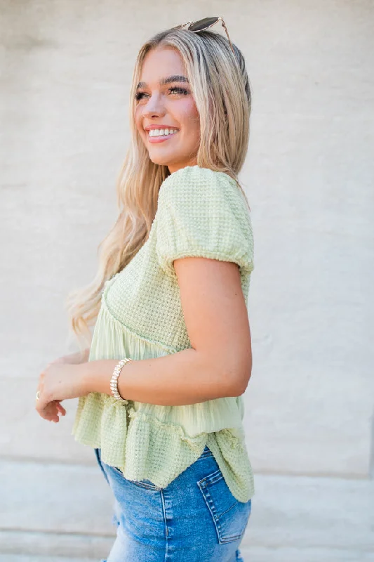 Rays Of Hope Green Waffle And Gauze Babydoll Top