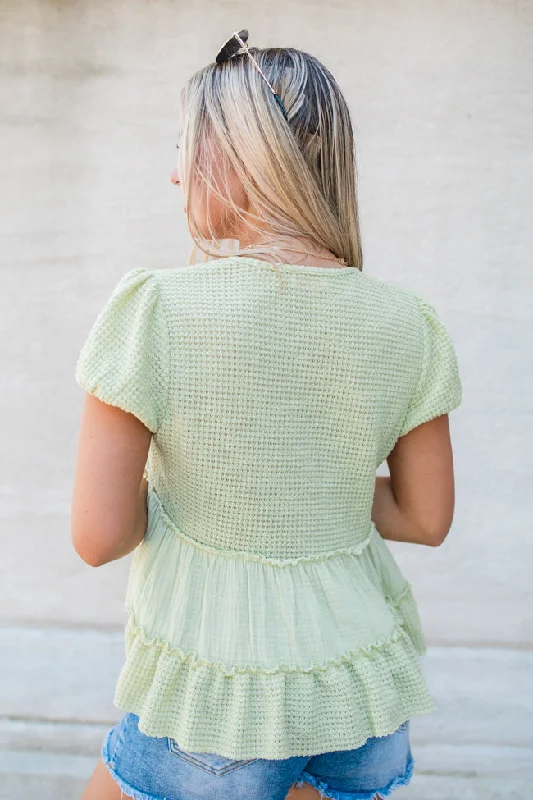 Rays Of Hope Green Waffle And Gauze Babydoll Top