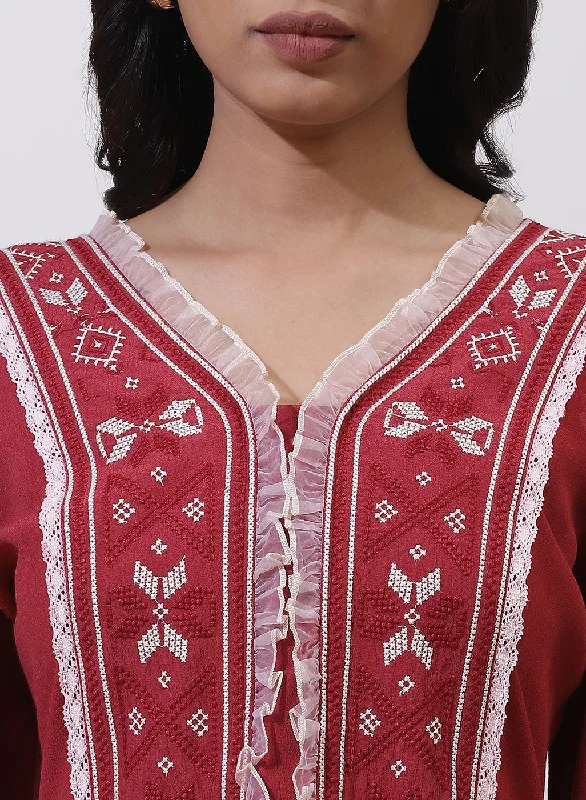 Red Tunic With Embroidery & Lace