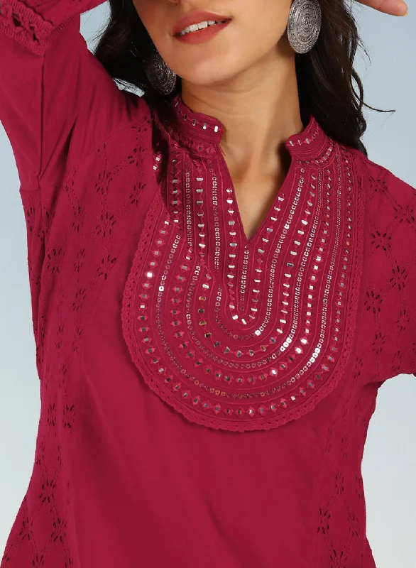 Rose Short Tunic with Mirror Work and Bell Sleeves