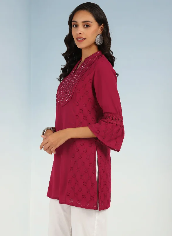 Rose Short Tunic with Mirror Work and Bell Sleeves