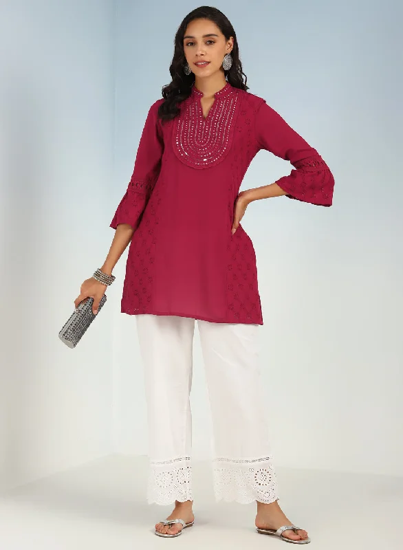 Rose Short Tunic with Mirror Work and Bell Sleeves