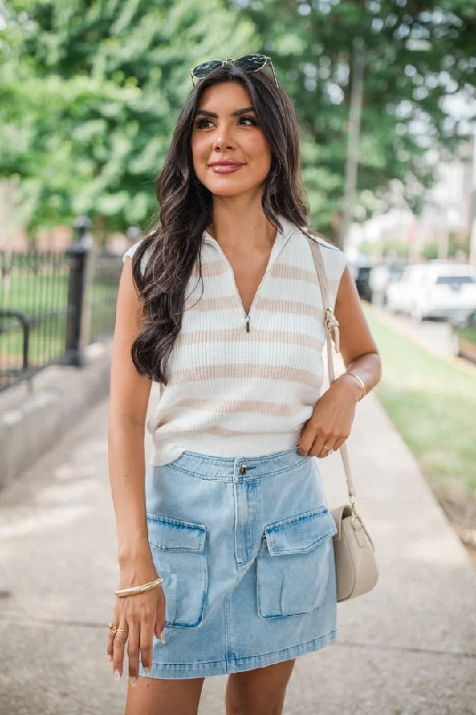 Slow Me Down Ivory And Beige Sleeveless Striped Quarter Zip Sweater