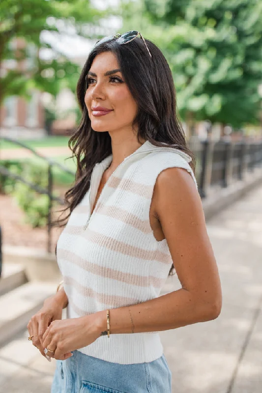 Slow Me Down Ivory And Beige Sleeveless Striped Quarter Zip Sweater