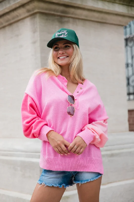 Take My Hand Pink Color Block Sleeve Henley Sweater