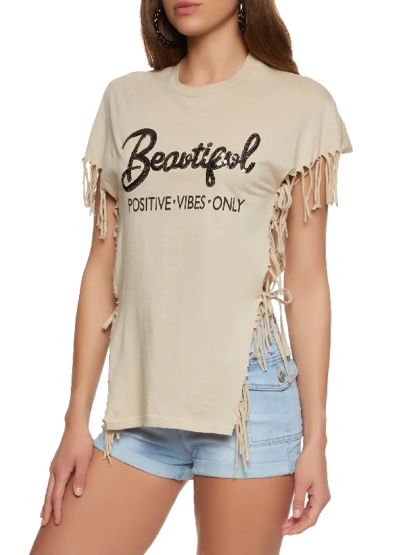 Beautiful Positive Vibes Only Sequin Fringe Graphic Top