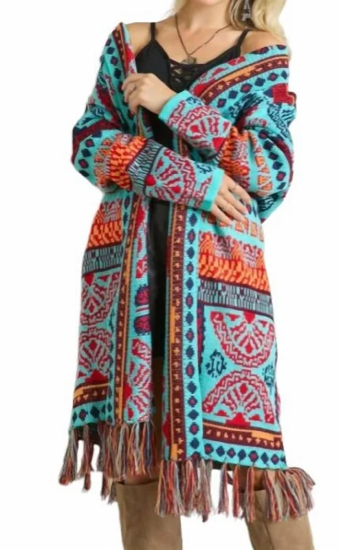 Tribal Pattern Fringe Hem Cardigan In Blue