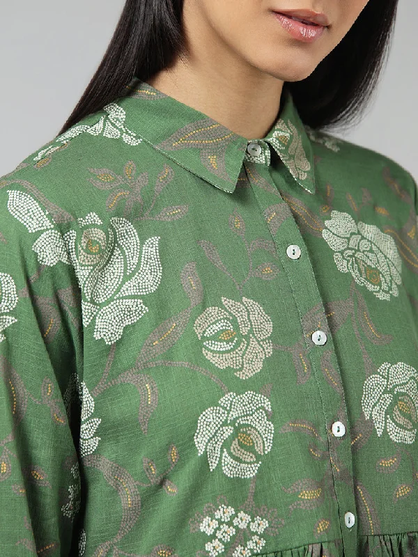 Utsa Green Dot Floral Printed Cotton Kurti