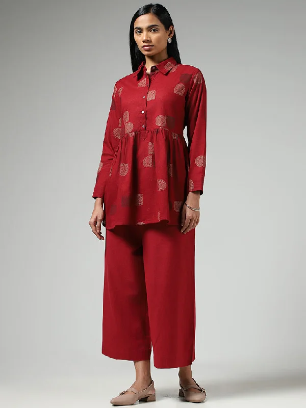 Utsa Red Window Printed Gathered Kurti