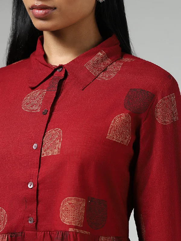 Utsa Red Window Printed Gathered Kurti