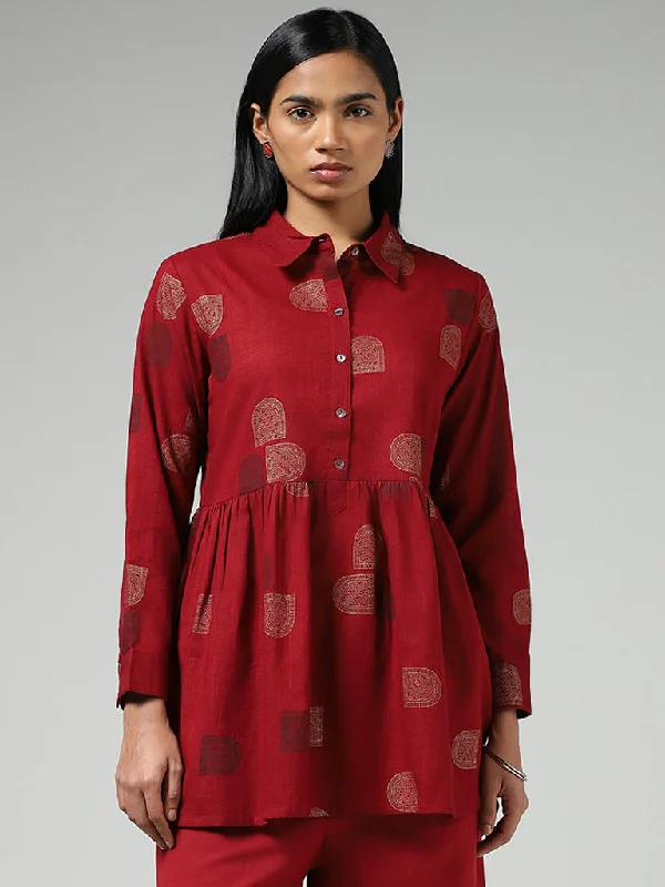 Utsa Red Window Printed Gathered Kurti