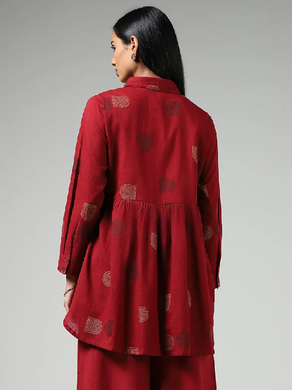 Utsa Red Window Printed Gathered Kurti