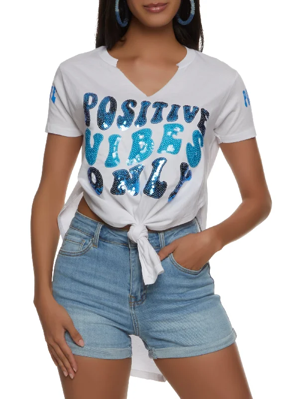 Sequin Positive Vibes Only Knot Front Top