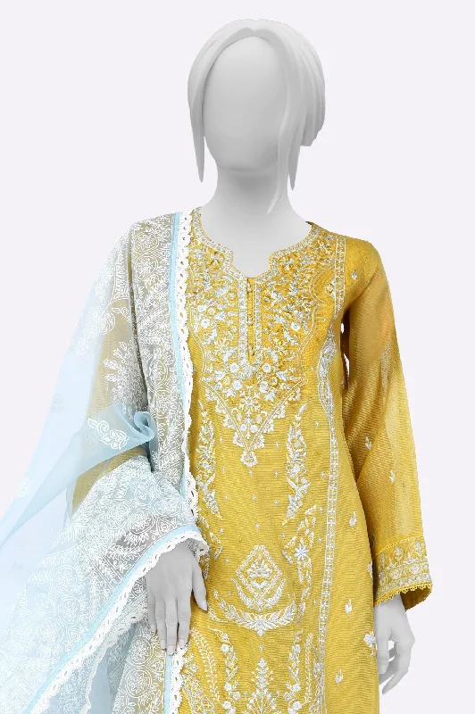 Yellow Embroidered Kurti With Dupatta