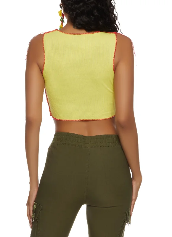 Contrast Decorative Stitch Split Hem Cropped Tank Top