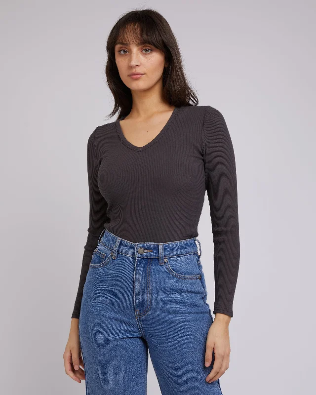 All About Eve Rib V Neck L/S Top Washed Black