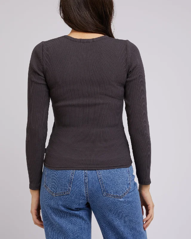 All About Eve Rib V Neck L/S Top Washed Black