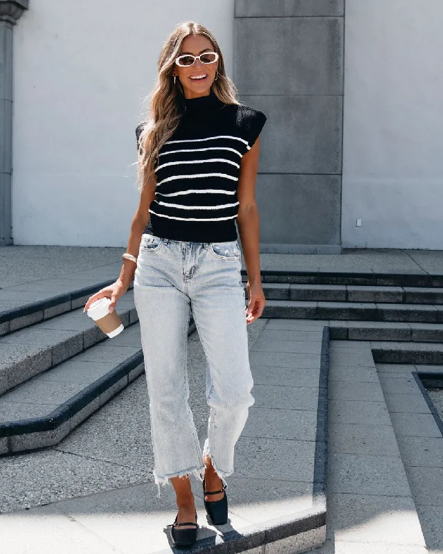 Black and White Striped Mock Neck Sweater