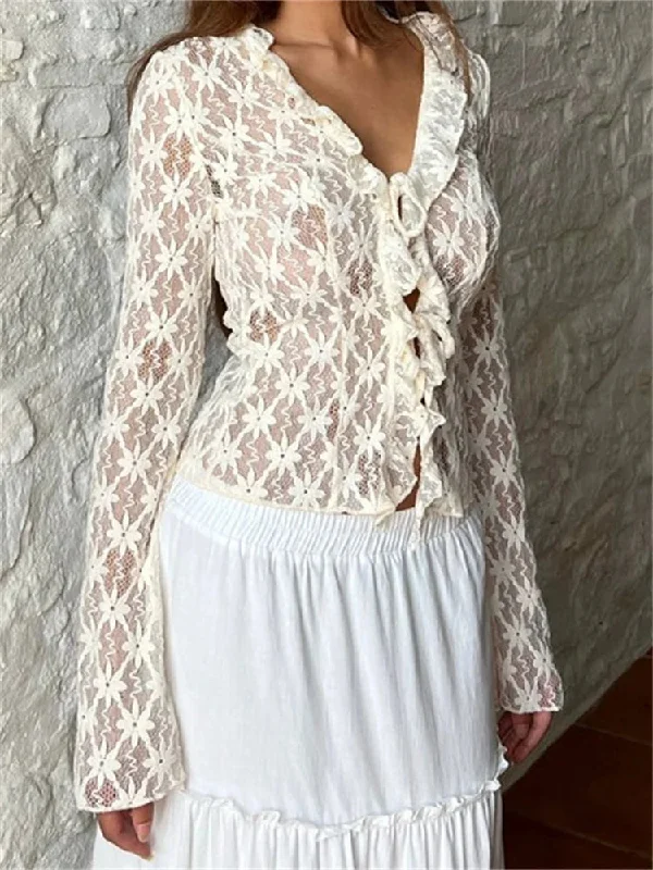 Women's Summer Lace Floral Flare Sleeve Front Lace-up See Through Slim Cardigan Clubwear Blouse