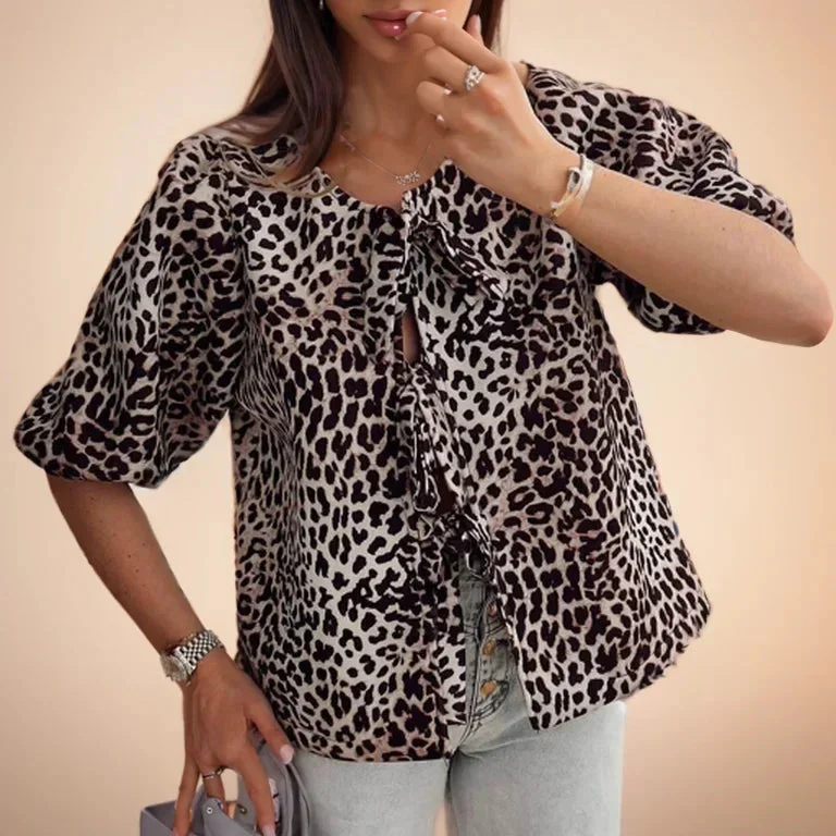 Women's Leopard Fashion Summer V-neck Cardigan Lace-up Animal Print Short-sleeved 2024 Female Shirt Blouse