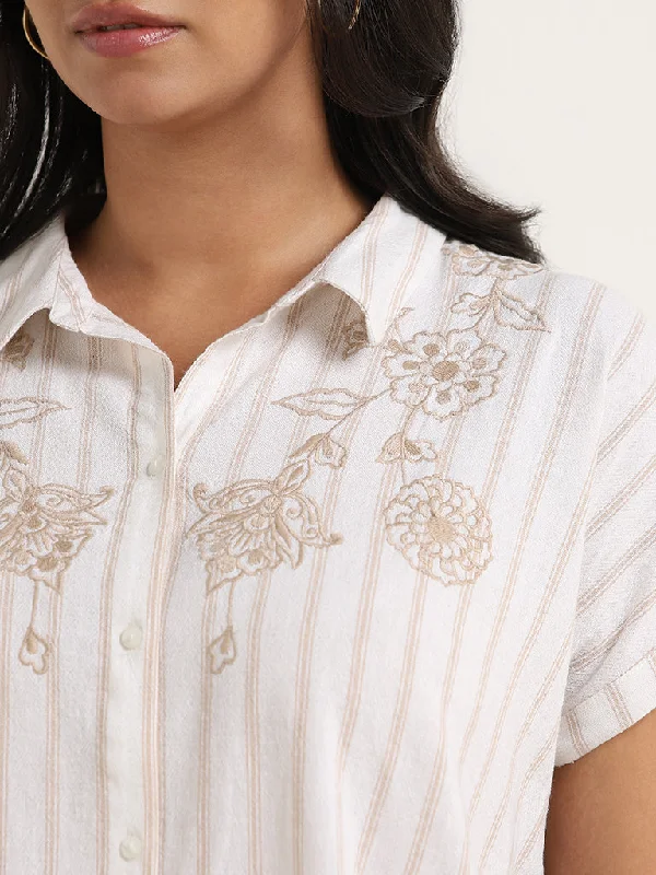 Gia White & Beige Stripe Printed Cotton Blend Shirt