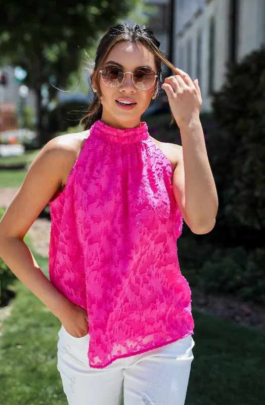 FINAL SALE - Love Story Hot Pink Textured Floral Sleeveless Blouse