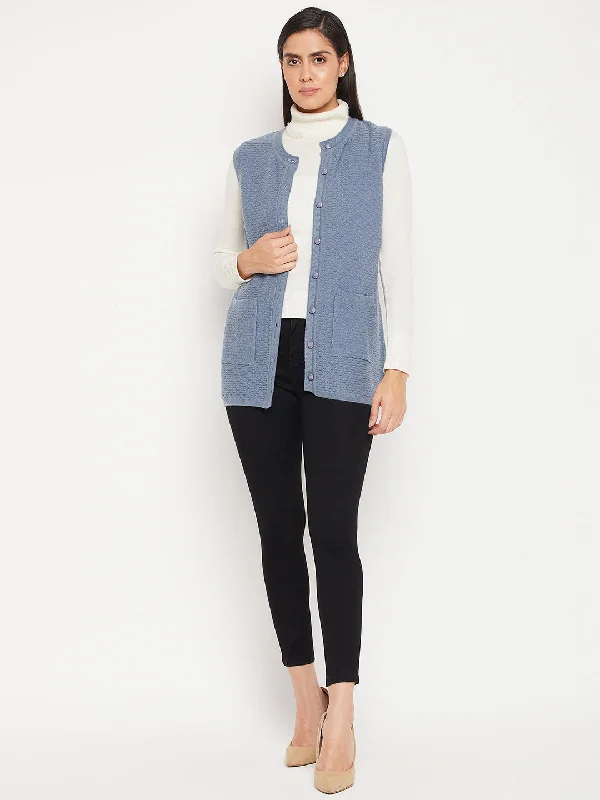 Madame Front Pocket Powder Blue Sleeveless Textured Cardigan