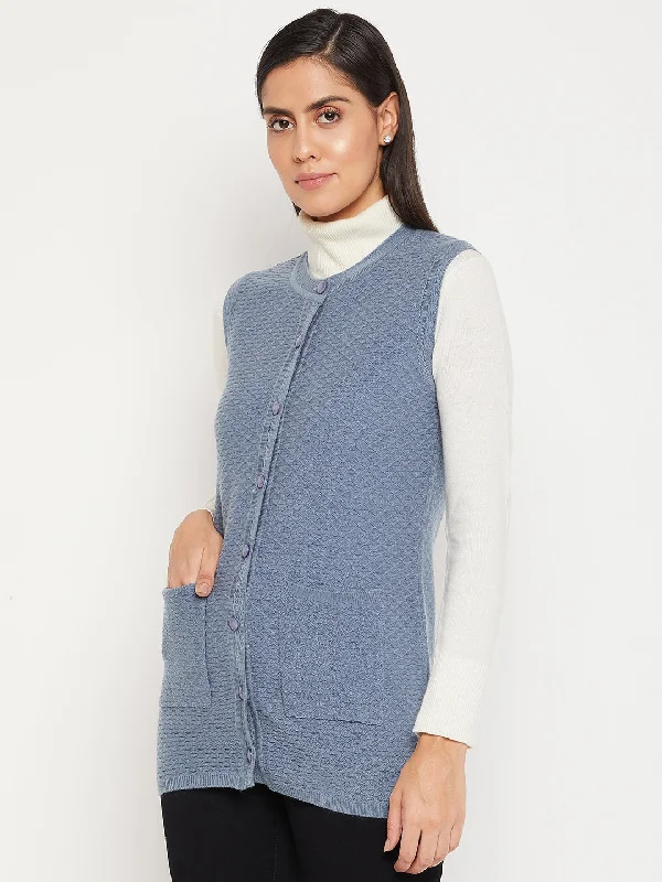 Madame Front Pocket Powder Blue Sleeveless Textured Cardigan