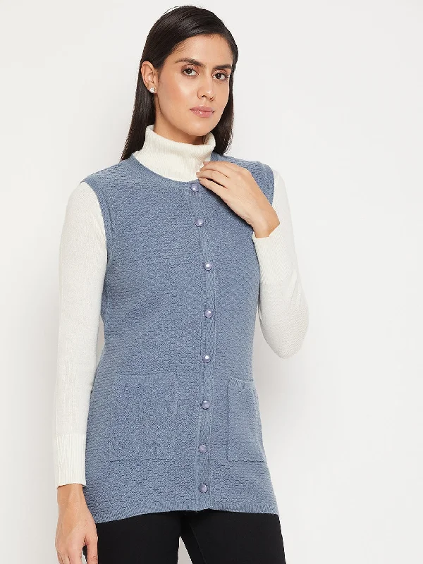 Madame Front Pocket Powder Blue Sleeveless Textured Cardigan