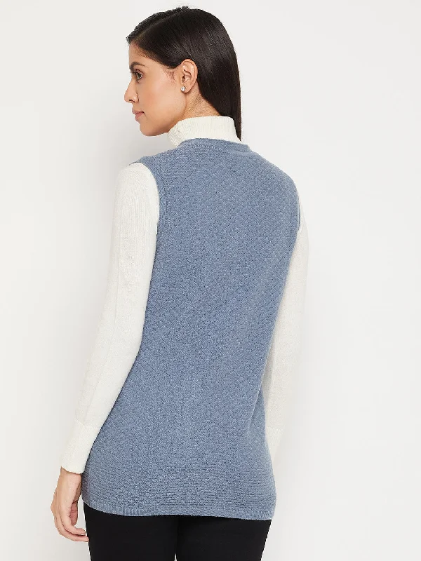 Madame Front Pocket Powder Blue Sleeveless Textured Cardigan