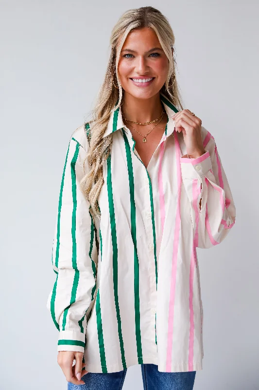 FINAL SALE - Officially Cute Pink Color Block Striped Oversized Button-Up Blouse