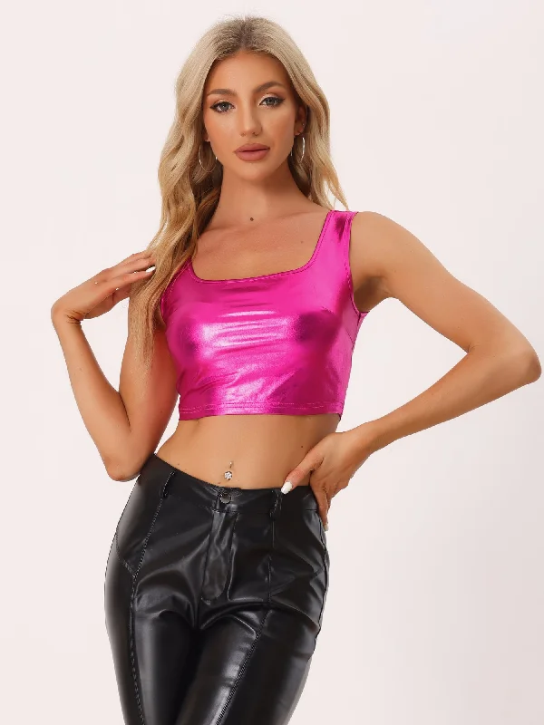 Sleeveless U Neck Party Holographic Shiny Metallic Crop Top