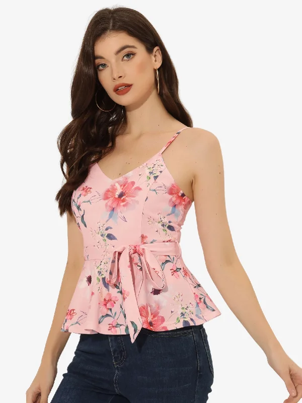 Floral Sleeveless Cami Spaghetti Strap Tie Waist Peplum Blouse