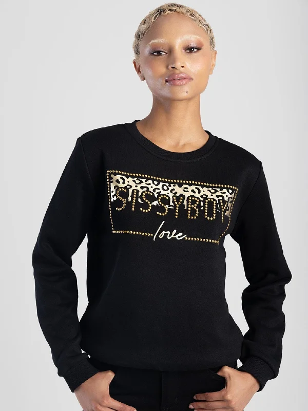 Printed & Gold Stud Logo Sweat Top - Black