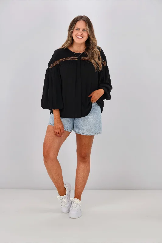 Sass Rava Boho 3/4 Sleeve Top Black