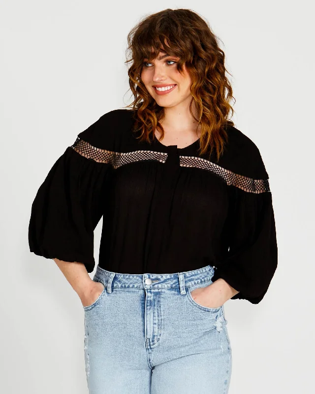 Sass Rava Boho 3/4 Sleeve Top Black