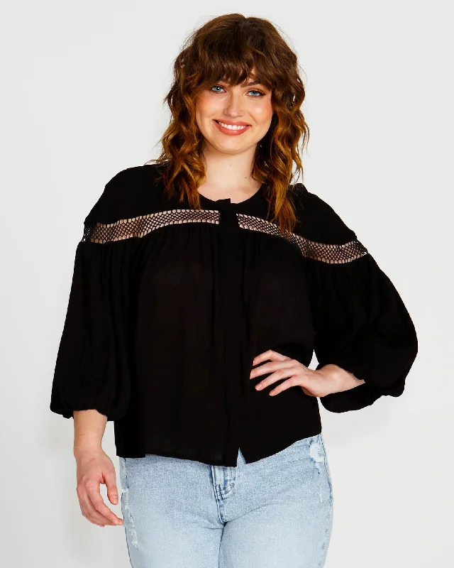 Sass Rava Boho 3/4 Sleeve Top Black