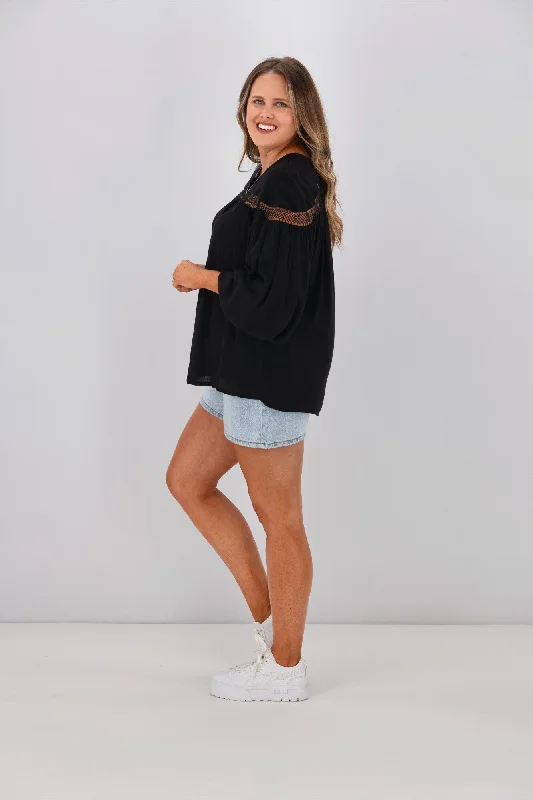 Sass Rava Boho 3/4 Sleeve Top Black