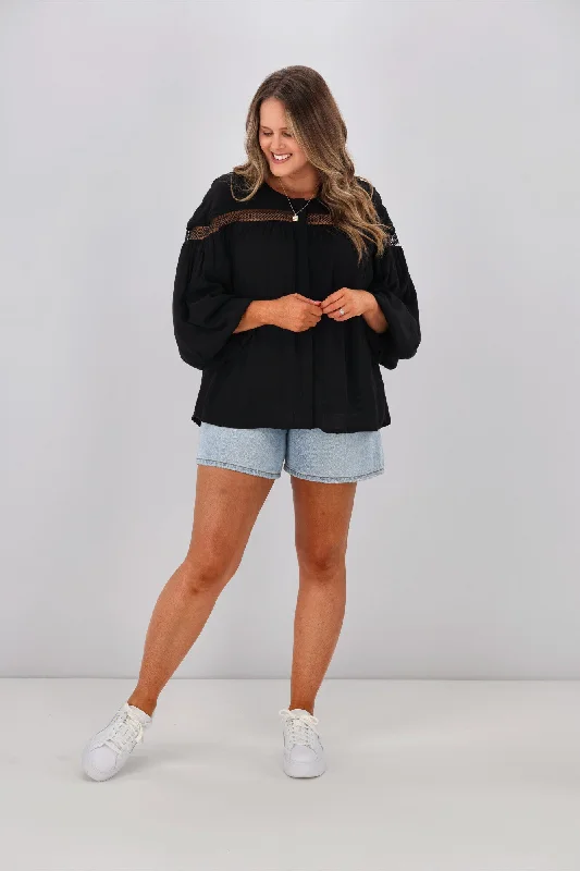 Sass Rava Boho 3/4 Sleeve Top Black