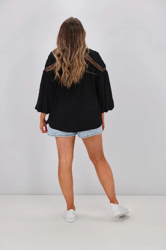 Sass Rava Boho 3/4 Sleeve Top Black