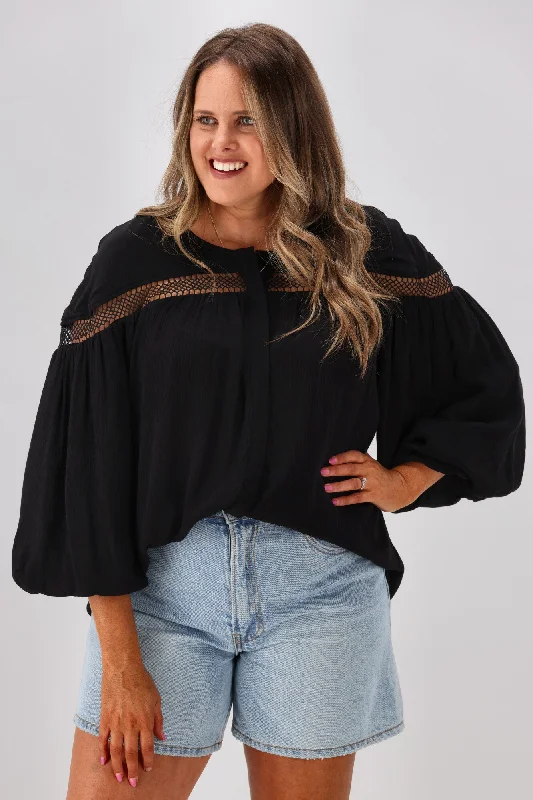 Sass Rava Boho 3/4 Sleeve Top Black